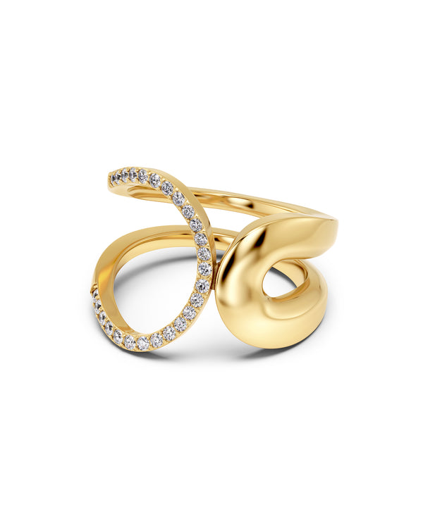 Gold ring with diamond accents on a white background